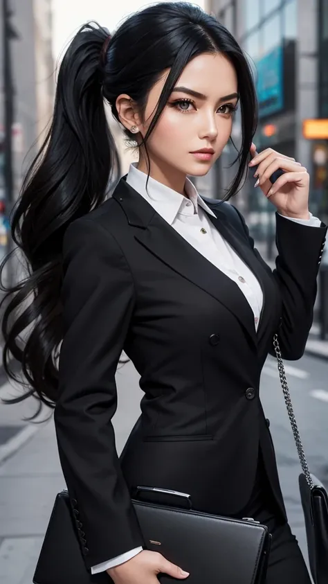 Create a beautiful empowered woman with a briefcase in her hand in executive clothing who is a millionaire with a look of power, long black hair up and made up 