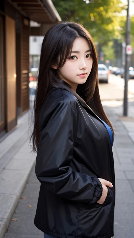 Big Breasts,Beautiful Face,Girl standing outside, Wearing a black jacket, ((Long Hair)), tumbler, Around 19 years old, Upper body naked,NSFW,Japanese