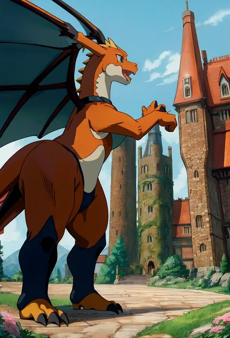 Ghibli　Pokemon Charizard standing on top of a tower