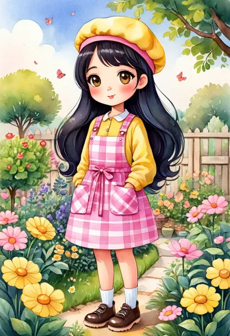 a watercolor illustration of a cute African  standing in a garden, she has a pink beret on her head. She is dressed in a long-sleeved yellow plaid dress, a pink apron with pockets and black details on top, and she is wearing yellow shoes on her feet. She h...