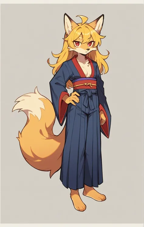 (full body,,The left hand is on the hip),((The right hand is out in front,Fluffy tail,,)),small breasts,Adult female fox,One Girl, Furry, Golden fur, Golden facial fur, long golden hair, The hair on his hands is golden, Golden yellow hair on the back of th...