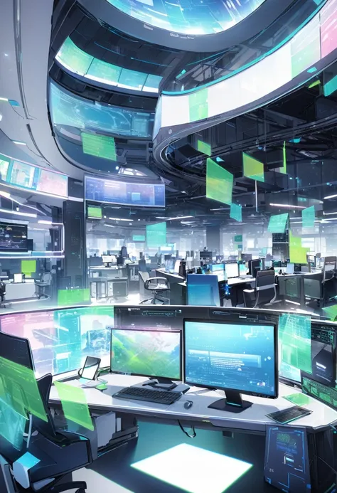 Draw a futuristic digital office.。The PC and monitor are placed in the center.、Depict a space with holograms and digital displays all around。Use blue and green hues、Please create a design that conveys trust and hope for the future.。A bright and spacious of...