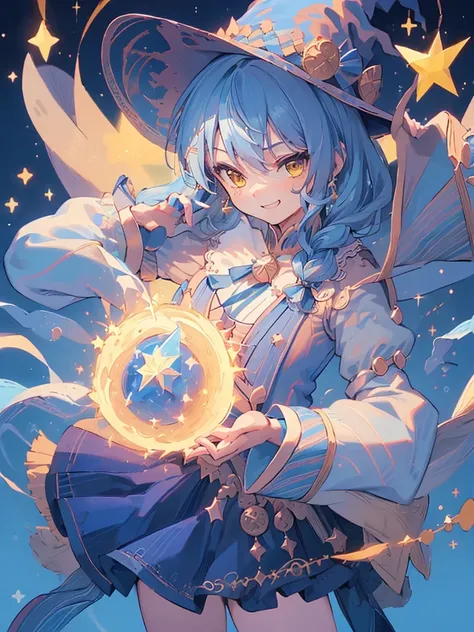 ((magic使いの女の子:1.5)), Perfect Face, Beautiful Face, Highly detailed face，(Blue Hair_Yellow Eyes:1.3)，(Witch Hat:1.3)，star，Shine，Light，smile，magic，Sparkling，moon