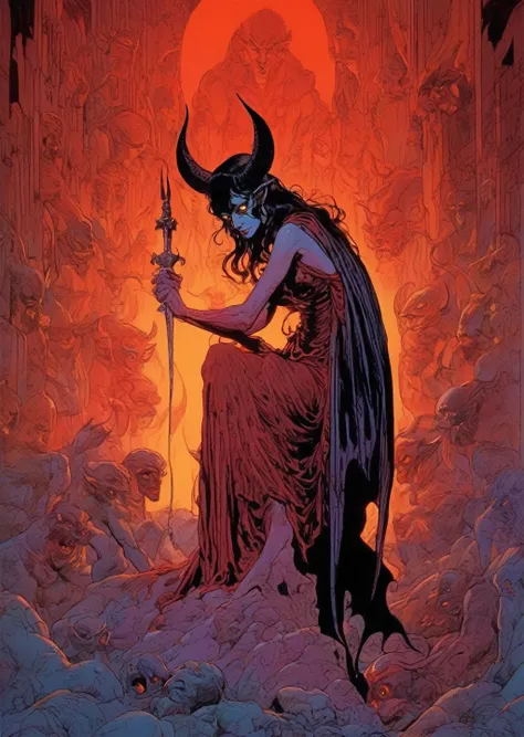 1  succubus , glowing eyes, detailed, colorful, blood ritual, gradient dramatic lighting, shadow,
(best quality)
art by Jean Giraud