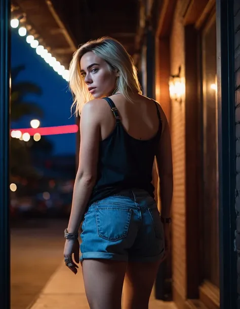 cinematic photo professional  photography of the face of a beautiful (((ohwx woman))) at Vestibule during Night, Dressed in jean shorts and tank top. Bent over, back facing camera.