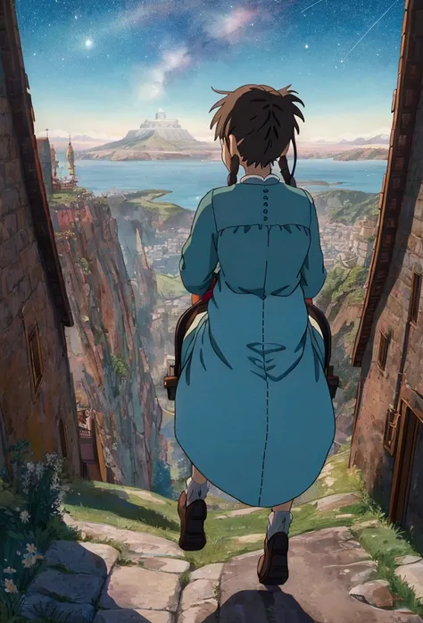 Ghibli　A girl is flying in the sky riding a dragon　You can see the sea, the mountains and the city　Shooting stars in the night sky