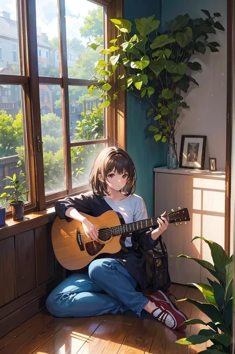 (One woman), 20-year-old, Detailed explanation, Brown Hair, Medium Hair, (Casual clothing), In front of a large window, (Sit facing the window), （play the guitar）, Backward view, Inside the room, Hardwood Floors, Bookshelf, Foliage plant, Big cloud outside...