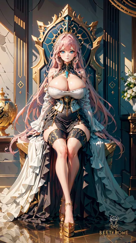 1 confident woman with floor-length pink hair, huge and big breasts, Futuristic royal costume in white with black and gold details, tall woman, blue detailed eyes, sitting on the throne of skulls , judgmental look, golden metal skulls, sovereign pose, cybe...