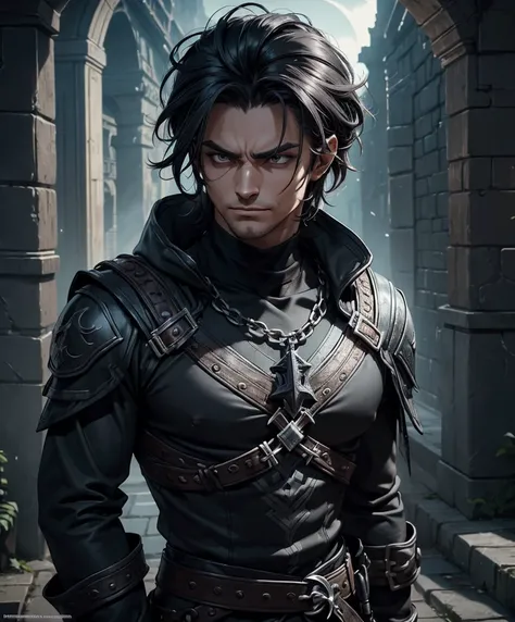  (((Single character image.))) Human male rogue for a wild and exciting fantasy setting. Looks like a miscreant thug as a fantasy character.   Looks like a knave.  Looks like a medieval fantasy criminal who is dangerous. Looks like a medieval criminal.  Lo...