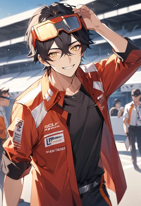 Solo, 1 male, black hair, orange highlights hairs, yellow eyes, safety glasses on the head, race engineer, black shirt, red coat, black pants, smile facial