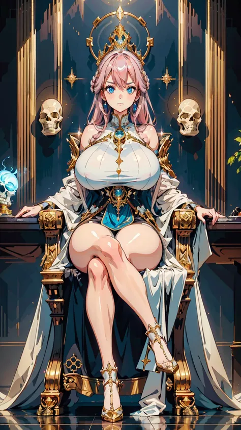 1 confident woman with floor-length pink hair, huge and big breasts, Futuristic royal costume in white with black and gold details, tall woman, blue detailed eyes, sitting on a great throne of golden skulls, judgmental look, golden metal skulls, sovereign ...