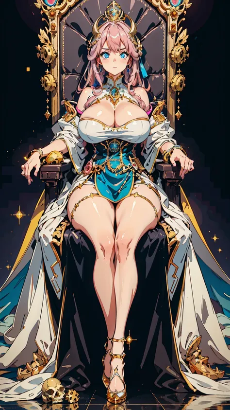 1 confident woman with floor-length pink hair, huge and big breasts, Futuristic royal costume in white with black and gold details, tall woman, blue detailed eyes, sitting on a great throne of golden skulls, judgmental look, golden metal skulls, sovereign ...