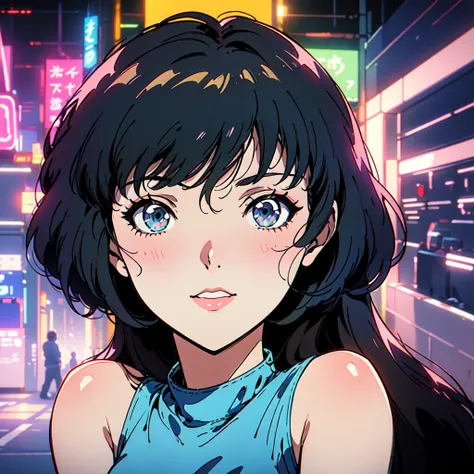 A city pop poster with a retro 80s feel、Imagine the album cover。With the highest quality anime illustrations、The main character is a blonde girl with short hair.。Her eyes shine blue、Dressed in rapper style clothing、I&#39;m wearing headphones。

The image is...