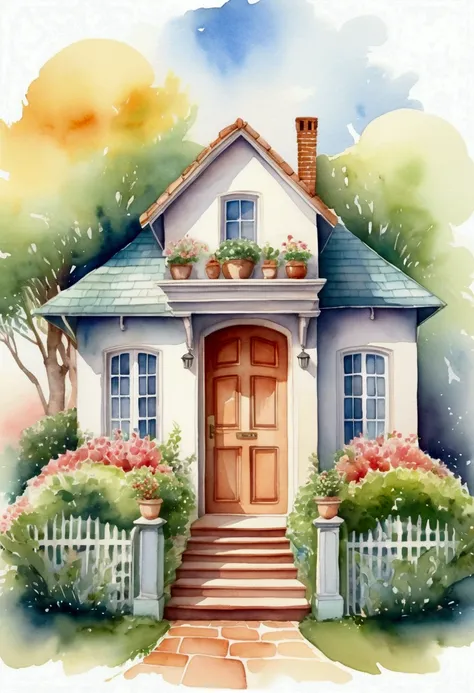 Soft and bright illustration of a house with an open door and people inside., It is a symbol of welcome and community.. Watercolor illustration style