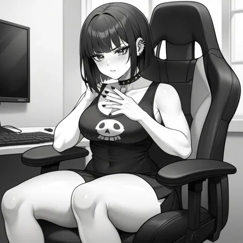 Adult, Female, Black hair, goth girl, gothic aesthetic, goth clothing, goth make up, thick thighs, medium chest, annoyed, disgruntled, sitting in gaming chair, gt racing chair, black and white chair, bedroom, gothic bedroom, aesthetic bedroom, Masterpiece,...