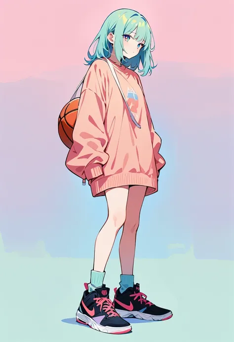 (masterpiece, Highest quality:1.2), 1 girl, alone, A loose fitting jumper, short, Basketball Shoes, Ankle socks, whole body, pastel colour