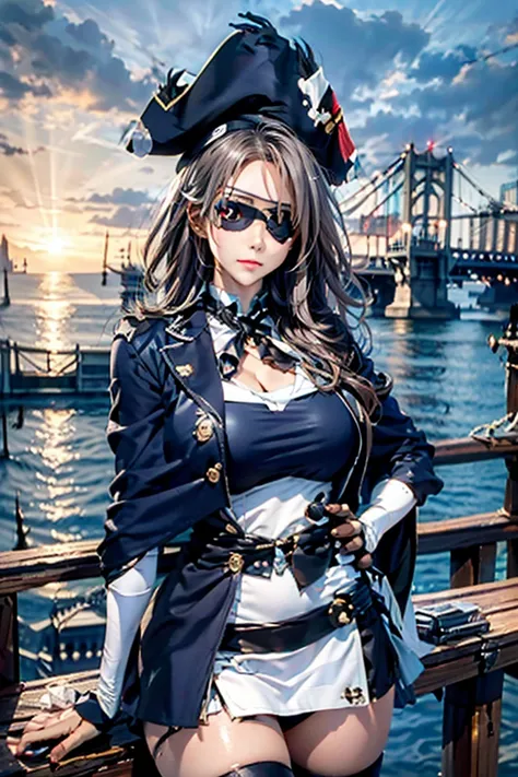 ((highest quality)), ((masterpiece)), (detailed),(pirate),(eye patch),(he has a gun),large pirate flag in the background、maritim...