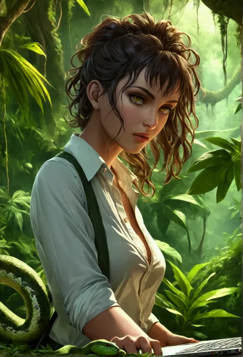 high details, best quality, 16k, [ultra detailed], masterpiece, best quality, dynamic angle, ultra wide shot, RAW, photorealistic, fantasy art, realistic art, a picture of a computer engineer (holding a laptop:1.1) getting lost in the jungle, computer engi...