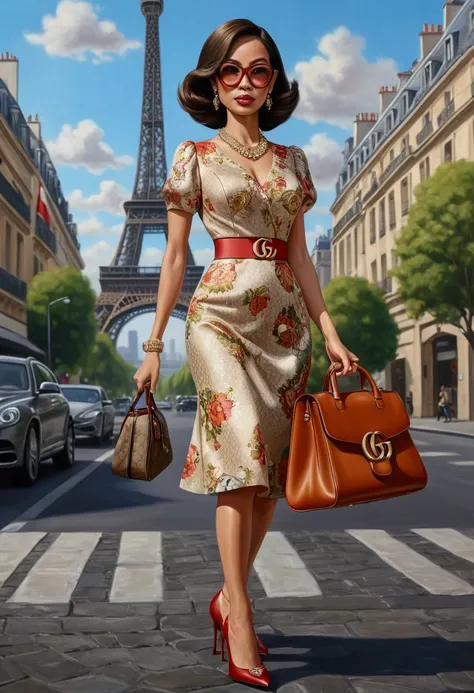 realistic 4D caricature with a big head of an Indonesian woman wearing a dress,high heels,walking carrying a bag with a well-known brand "Gucci" with the background of the city of Paris,UHD,16k ,Oil painting,Sharp focus