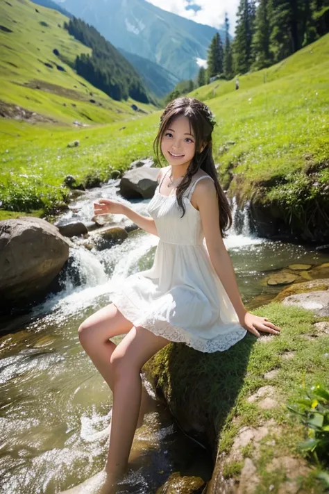 Summer Maiden。
Country girl frolicking in a mountain stream。
15 years old white dress