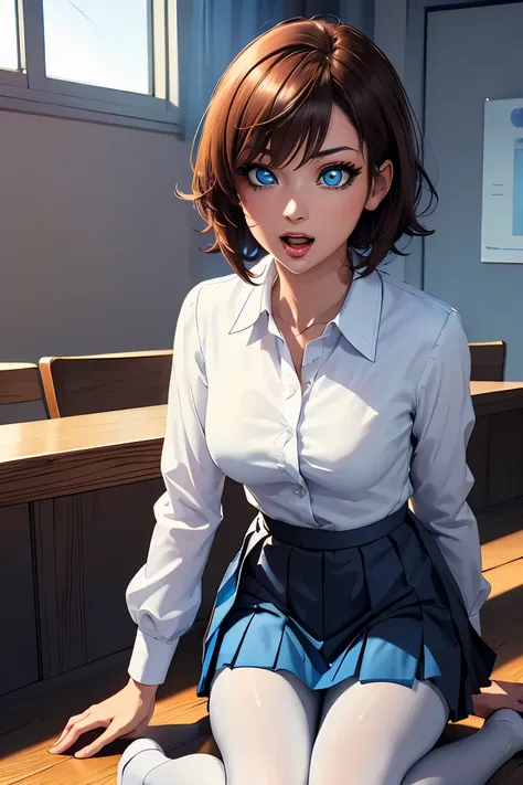 chisa,brown hair,short hair,medium breasts, brown eyes,hair between eyes, bangs, 
break ((collared shirt, (white shirt:1.2), lon...