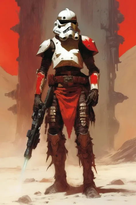 a stormtrooper, concept art, cyberpunk, stranger, fighter, star wars, heavy armor, light weapon, thin waist, frank frazetta styl...