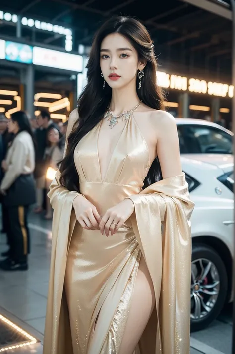 (((best quality))),(((ultra detailed))),(((masterpiece))),illustration,((1girl,gorgeous female model,solo)),((earrings,crystal necklace)),((slim,thin)),((small breasts,flat chest)),(slender legs:1.2),(standing:1.3),(beside a sleek futuristic car:1.3),(glam...