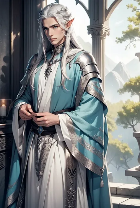 Tall, handsome, stately, courageous King Thranduil, platinum blond, king of the elves, he has long straight platinum hair, blue eyes, royal silver elven robes.Realistic image.