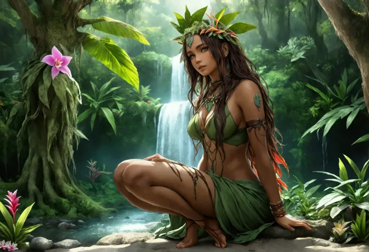 a picture of a druid in her jungle cove, an exotic, most beautiful human druid, priest of nature, warden of the wild of the jung...