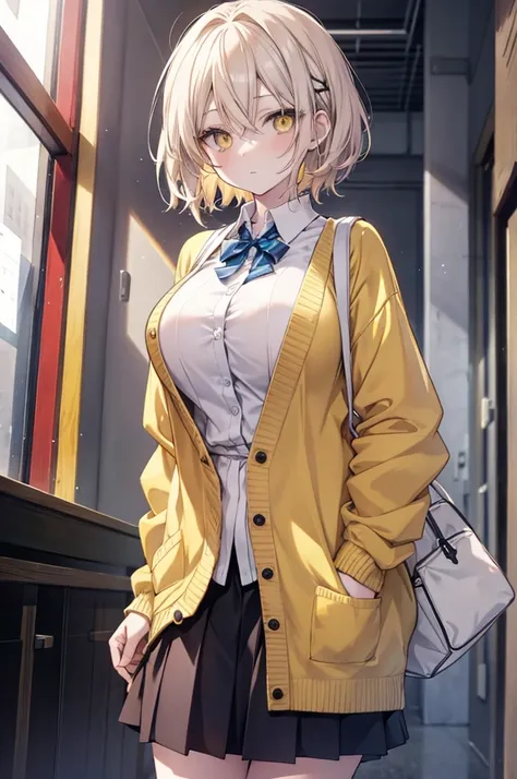 Anime, short ash-colored hair, white skin, Wear a skirt,Passtel yellow cardigan, light yellow eyes, big breasts, Hair behind the ear