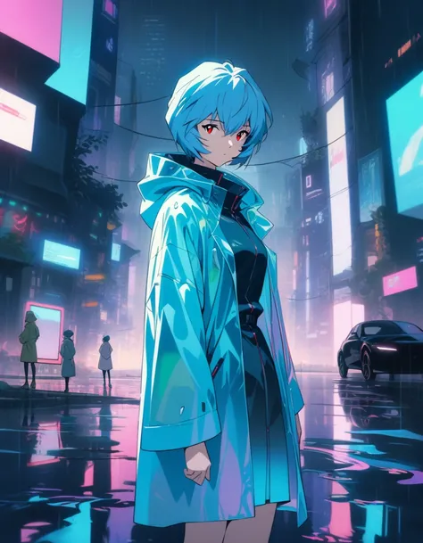 1girl, ayanami rei, neon genesis evangelion, blue short hair, red eyes, cool color palette. Futuristic cyberpunk city at night, neon lights reflecting off rain-slicked streets. Girl standing in the rain wearing a sleek, high-tech raincoat, surrounded by ho...