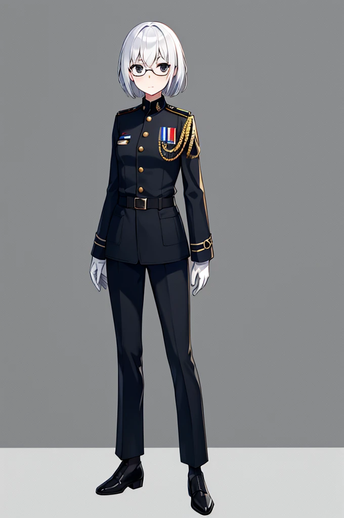 Masterpiece, 1girl, solo, female, white hair, short hair, black eyes, mature women, female military officer, badges, black trench coat, black pants, insignia, military medals, standing, full body shots, looking at viewers, glasses, white gloves, SFW, flat ...