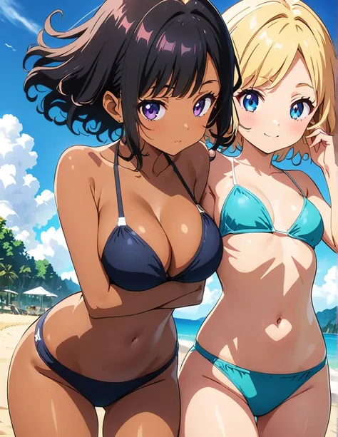 (anime artwork, anime style, studio anime, very detailed, up to date, vibrant, Anime Coloring, high contrast, masterpiece:1.2, best quality, best aesthetics),2 girl,hug from behind,bikini, Medium chest, A glimpse of thighs,random hair, One eye is hidden by...