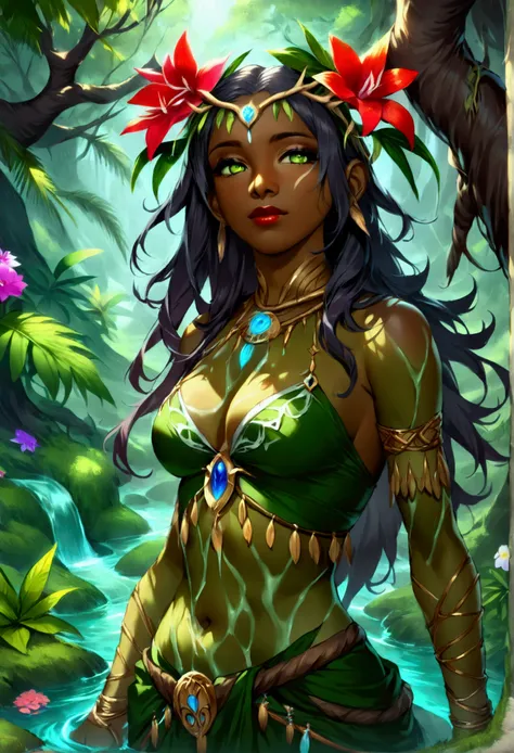  a picture of a druid in her jungle cove, an exotic, most beautiful human druid, priest of nature, warden of the wild of the jungle, full body, ((anatomically correct: 1.5)) long hair, wild hair, dynamic hair color, flowers and leaves in her hair, wearing ...