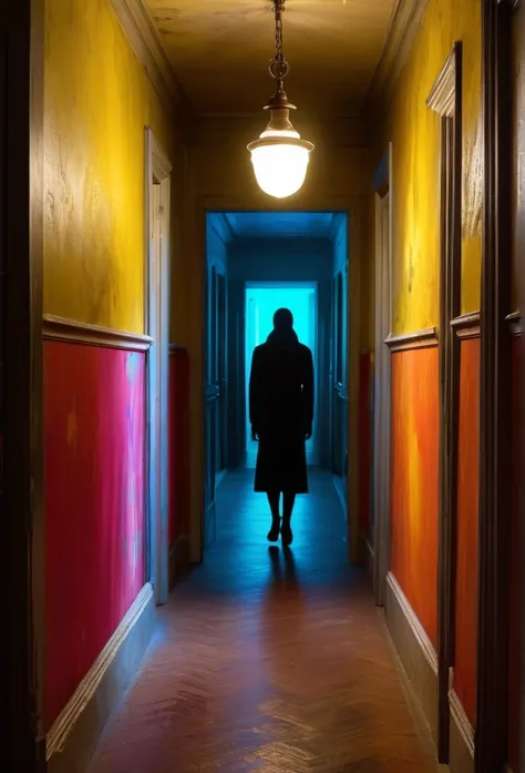 Faceless form looming in haunted hallway, Global illumination, Gorgeous splash of vibrant paint