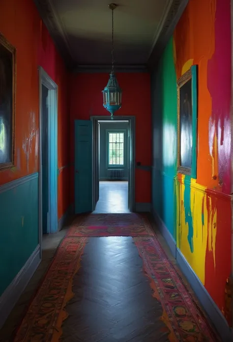 Faceless form looming in haunted hallway, Global illumination, Gorgeous splash of vibrant paint