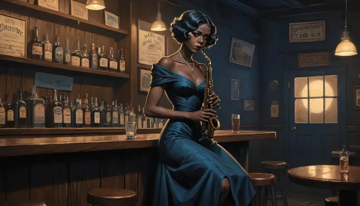 robert johnson, gritty, alabama bar, blue note, charismatic , black dress, illustration, noir fantasy, lone irish lady, sad ending, saxophonist