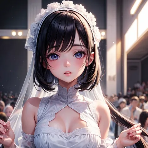 Loli anime girl in white clothes, Delicate skin, Medium breasts, black hair, Very detailed, 8K high-detail face, Perfect face shape, Perfect lips, Perfect nose, Correct beautiful eyes, Watch the audience, masterpiece, best quality, single girl, very good, ...