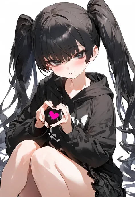 One girl、Black Hair、Twin tails、black eye、Eyes without highlights、Plain black oversized hoodie、Showing bare feet、Black tights、Black Lolita Sneakers、Platform sneakers、Sitting、Making a heart with hands、White background