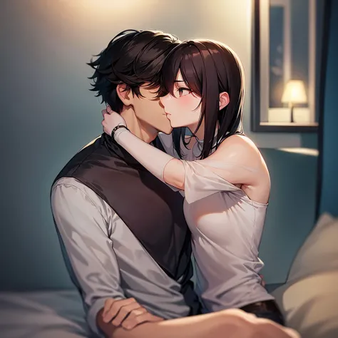 Handsome young man with a cold face. In the romantic atmosphere of the night、A girl with short black hair tenderly kisses a girl with long dark brown hair in the bedroom.