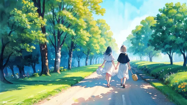 the road, concept, conceptual art, beautiful painting of friends, a beautiful artwork illustration, walking together, Summer Day, watercolor, back shot, full body,