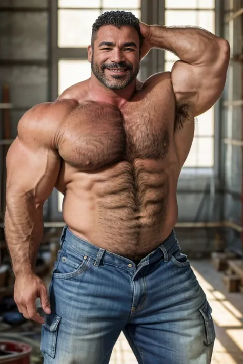 Masterpiece, Best Quality, High resolution, (1 chico:1.4), male focus, 40-year-old latino construction worker, construction site, wearing full construction uniform, furry, beefy, chubby, natural lighting, HDR, (GS-Macho :1.5), thick forearms, thick arms, h...