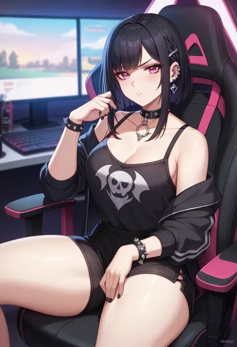 Adult, Female, Black hair, pink eyes, goth girl, gothic aesthetic, goth clothing, goth make up, thick thighs, medium chest, annoyed, disgruntled, sitting in gaming chair, gt racing chair, bedroom, gothic bedroom, aesthetic bedroom, Masterpiece, Accurate, A...