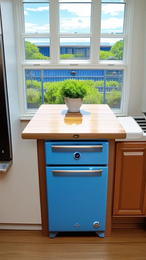 Miniature Kitchen、Dining table、refrigerator、Stove、window、Blue sky view