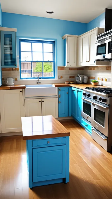 Miniature Kitchen、Dining table、refrigerator、Stove、window、Blue sky view