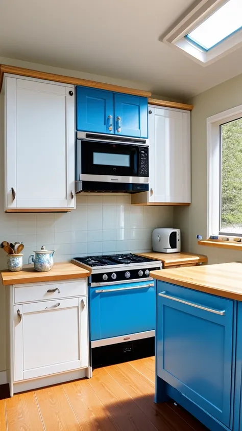 Miniature Kitchen、Dining table、refrigerator、Stove、window、Blue sky view