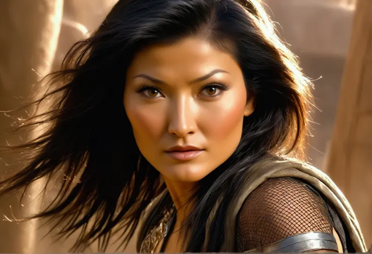 (Kelly Hu, age 25, sheer fishnet outfit no underwear), struggling against leash in Jabbas palace, beautiful detailed eyes, beautiful detailed lips, extremely detailed eyes and face, long eyelashes, dangerous aliens, cheering, medium:digital art, realistic,...