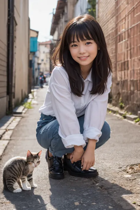 Highest quality, High resolution, Clear image, (many (detailed) a bit cats) And one girl:1.3), Focus on the cat, a bit (detailed) Cats around a girl,The background is a back alley, detailedな日光, Sitting, Viewers staring at the girl, Front view, (Viewers sta...