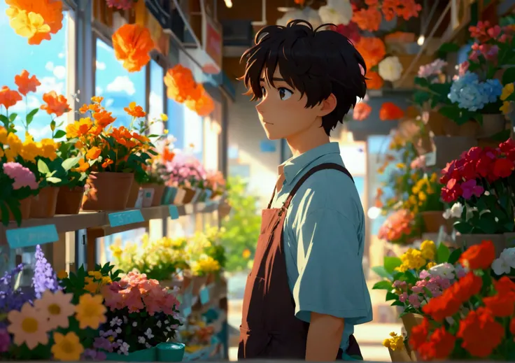 anime, Flower Shop Boy, anime aesthetic, tokyo anime scene, Loffy Boy, Lo-fi art style, ( ( Makoto Shinkai ) ), in style of Makoto Shinkai, beautiful anime scene, anime asthetic, Lofi Color, Makoto Shinkai. —h 2160, studio glibly Makoto Shinkai, Feeling ha...