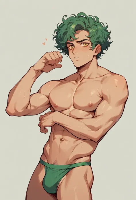 A naked man wearing only a yellow and green thong with his curly hair 